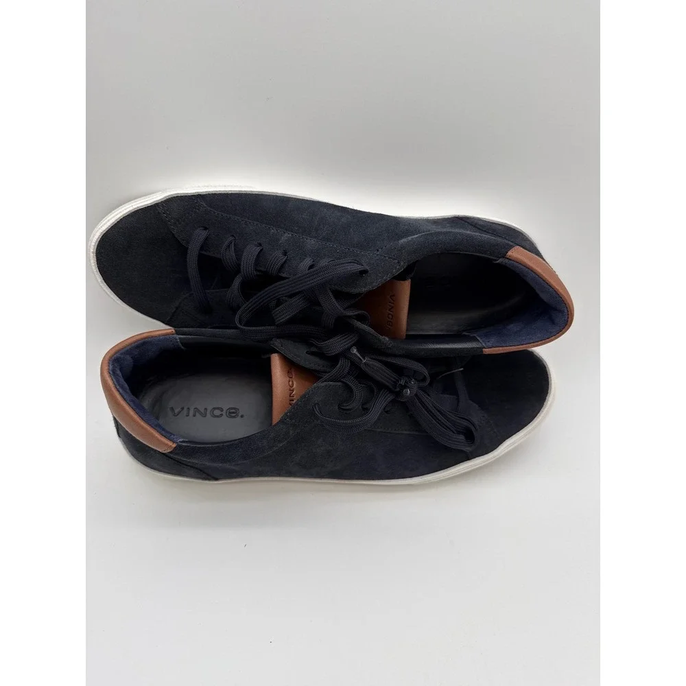 Vince Mens Suede Low Top Sneakers Navy Blue Brown Leather Trim Lace Up Shoes